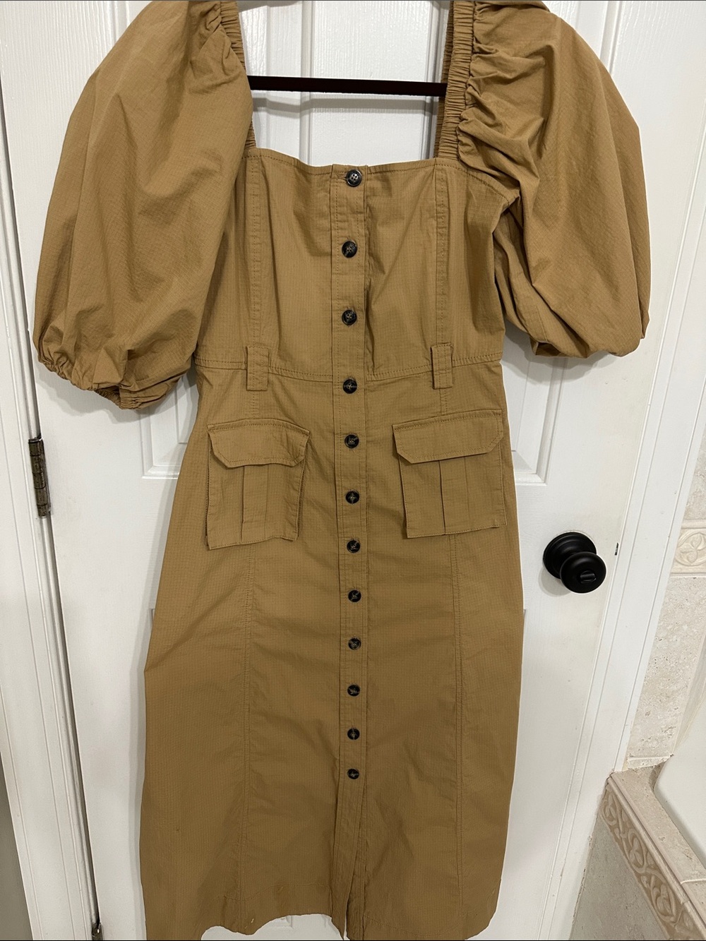 Ganni Puff-Sleeve Midi Button-Front Dress in Camel
